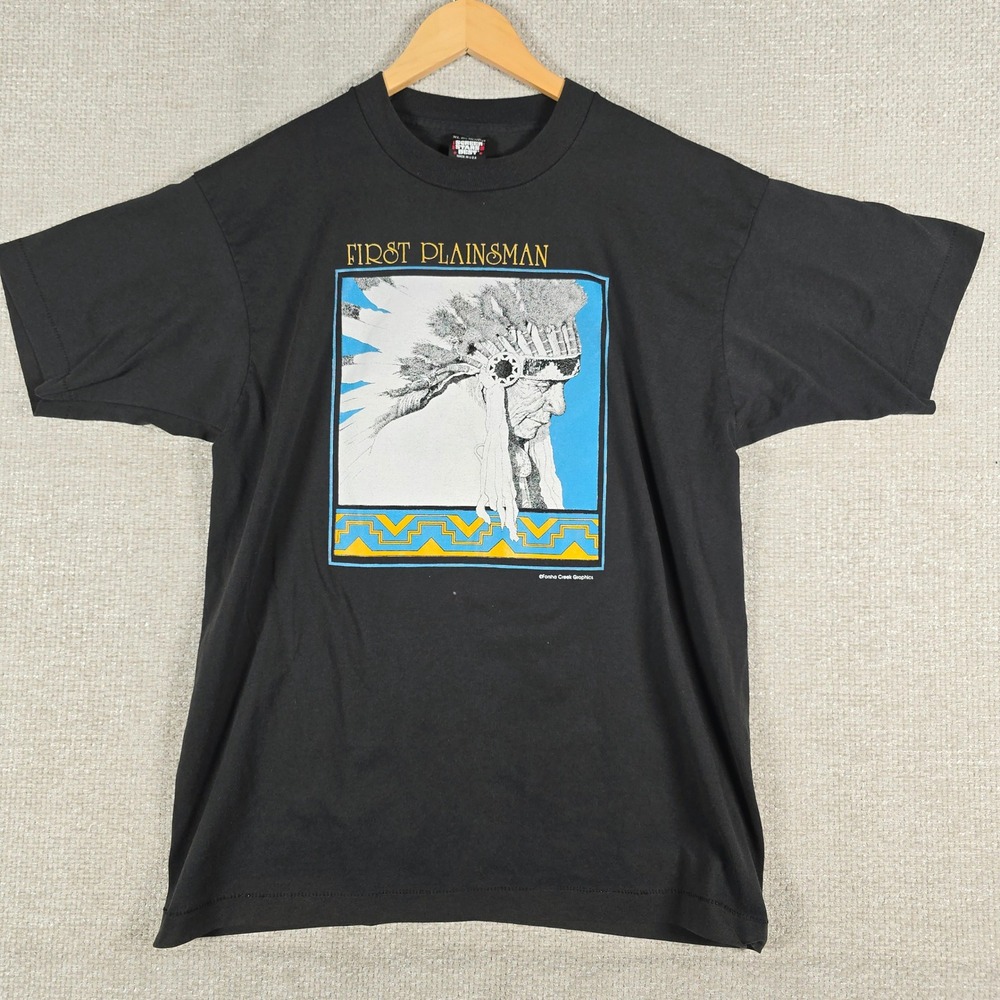 Vintage Screen Stars Best First Plainsman Native American T-Shirt‎ Black XL USA